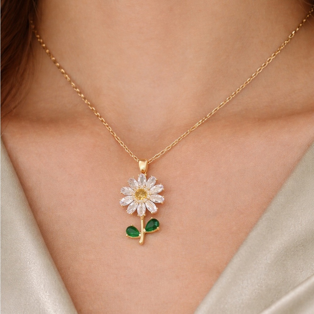 Daisy Gold Green Floral Crystal Necklace